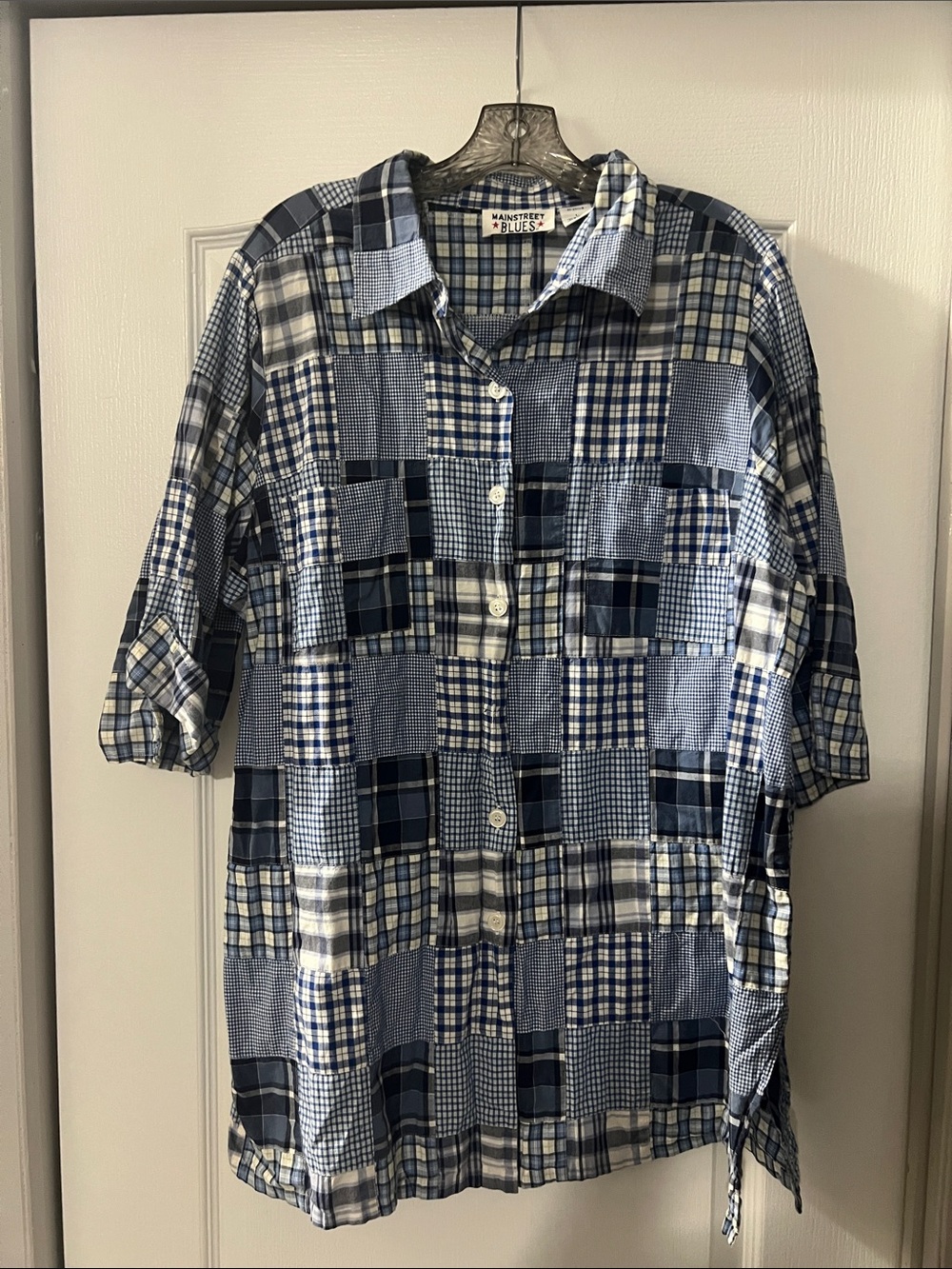 Women’s Blue Patchwork Button-Up Shirt